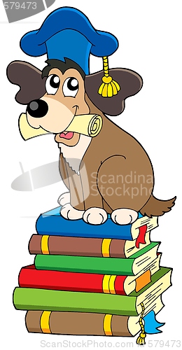 Image of Dog teacher on pile of books