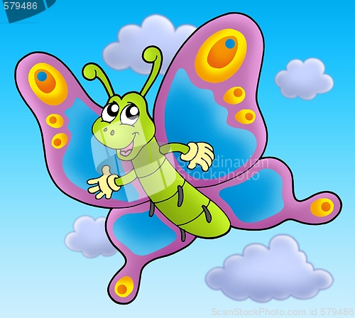 Image of Cute cartoon butterfly on sky