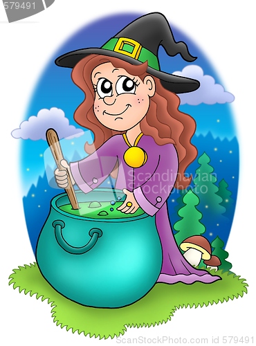 Image of Cute witch with kettle