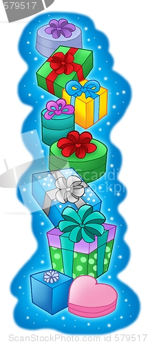 Image of Pile of Christmas gifts on blue background