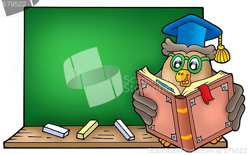 Image of Owl teacher reading book on blackboard