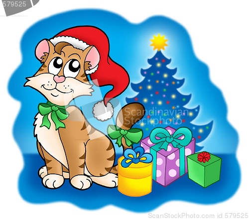 Image of Cat with Christmas tree and gifts