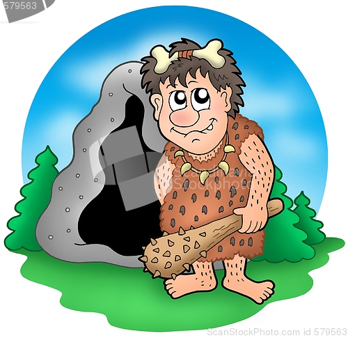 Image of Cartoon prehistoric man before cave