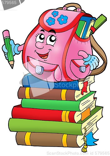 Image of Pink school bag on books