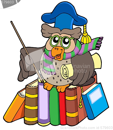 Image of Owl teacher with parchment and books