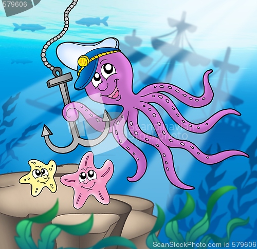 Image of Octopus with anchor and starfishes