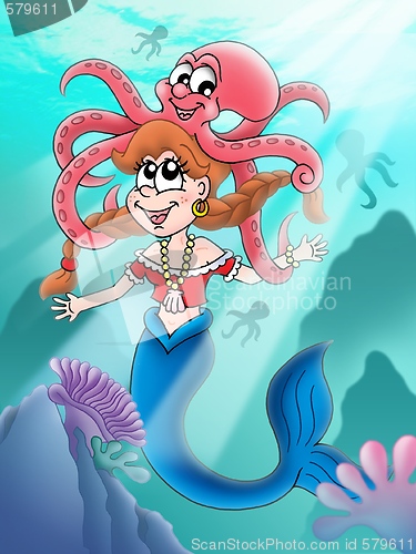 Image of Cute mermaid with octopus