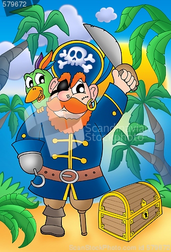 Image of Pirate with parrot and treasure chest