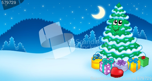 Image of Christmas card with tree and gifts
