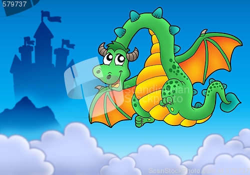 Image of Flying green dragon with castle