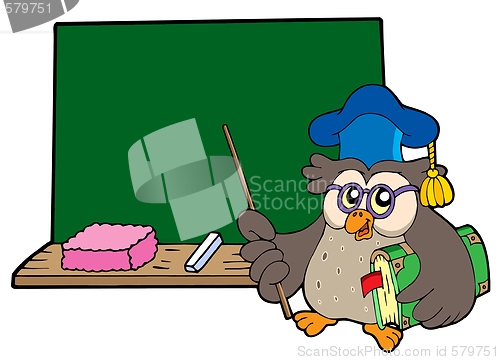 Image of Owl teacher with book and blackboard