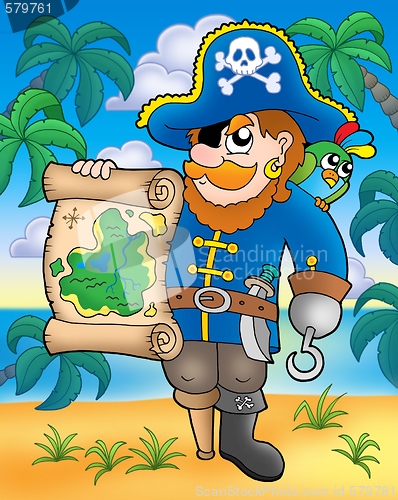 Image of Pirate with treasure map on beach