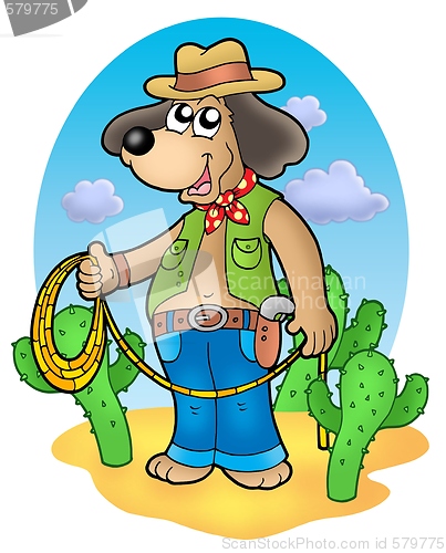 Image of Cowboy dog with lasso in desert