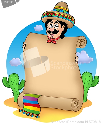 Image of Mexican man with scroll in desert