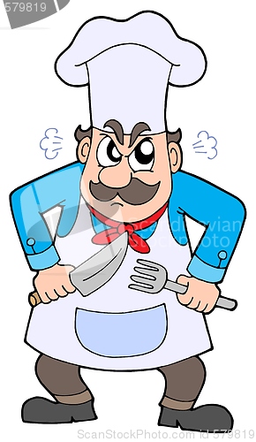 Image of Angry chef with knife and fork