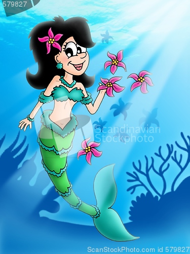 Image of Dark hair mermaid with flowers