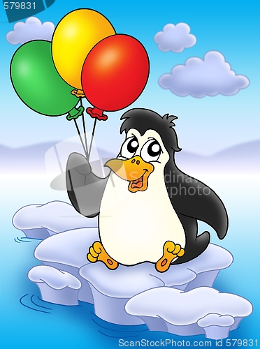 Image of Penguin with balloons on iceberg