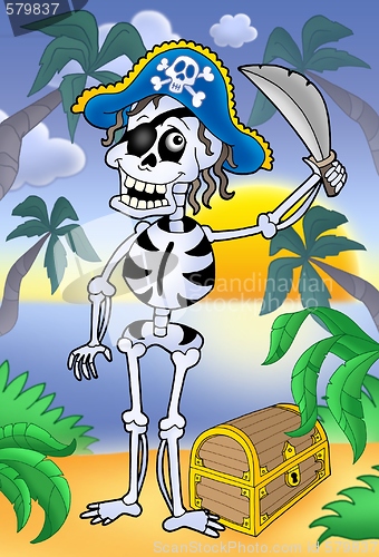 Image of Pirate skeleton with sabre and treasure chest