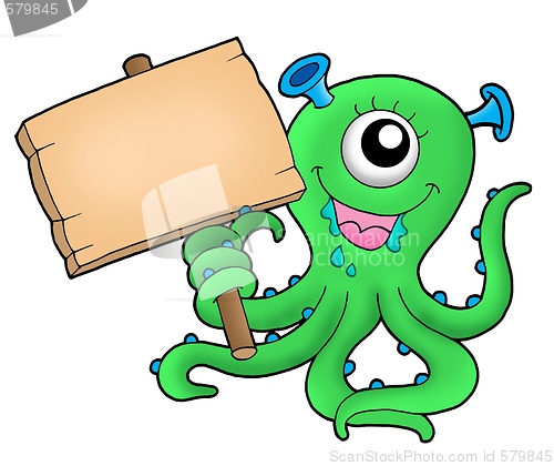 Image of Cute monster with wooden sign