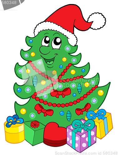 Image of Smiling Christmas tree with gifts