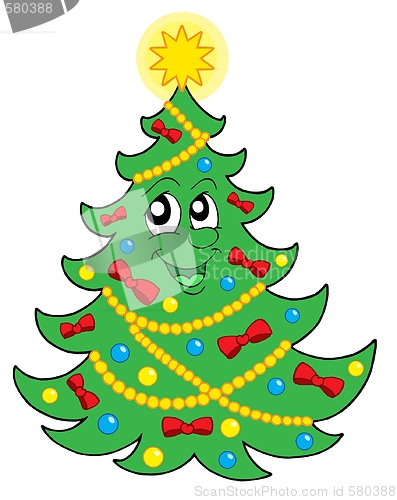 Image of Smiling Christmas tree with ribbons