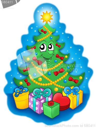 Image of Smiling Christmas tree with gifts on blue sky