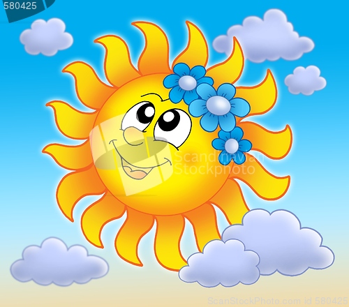 Image of Smiling Sun with flowers on blue sky