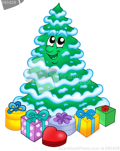 Image of Snowy Christmas tree with gifts