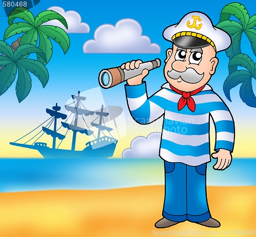 Image of Sailor with spyglass on beach