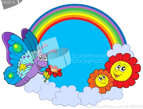 Image of Rainbow circle with butterfly and flowers