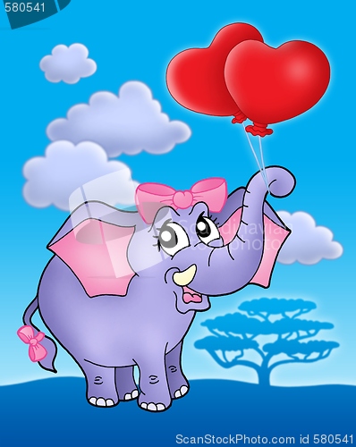 Image of Elephant girl with heart balloons on blue sky