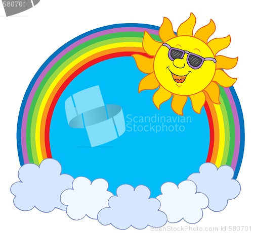 Image of Sun in sunglasses in rainbow circle