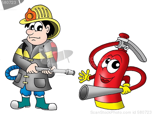 Image of Fireman and fire extinguisher