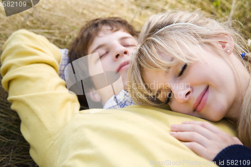 Image of Relaxing caucasian couple in love