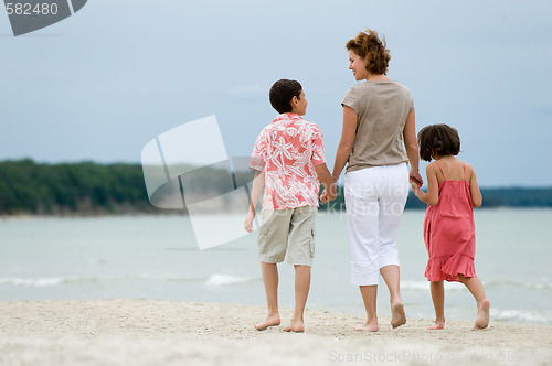 Image of Mother and kids walking on the beach
