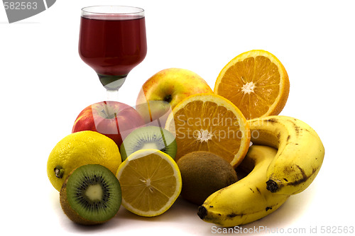 Image of Fruits and glass with juice isolated on white background