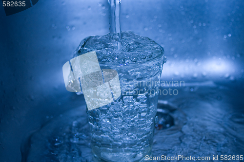 Image of Water flowing in glass in dark blue tones