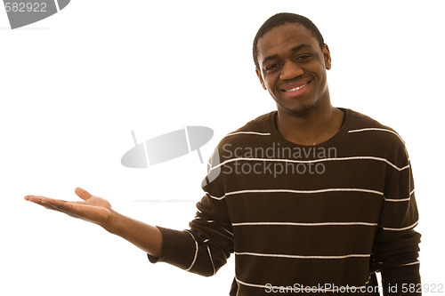 Image of african young men showing a empty hand