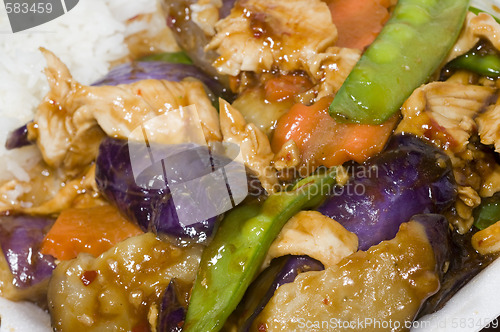 Image of chinese food chicken with eggplant mixed vegetables