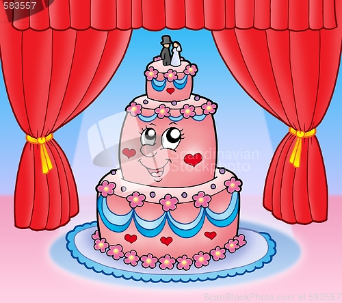 Image of Cartoon wedding cake with curtains