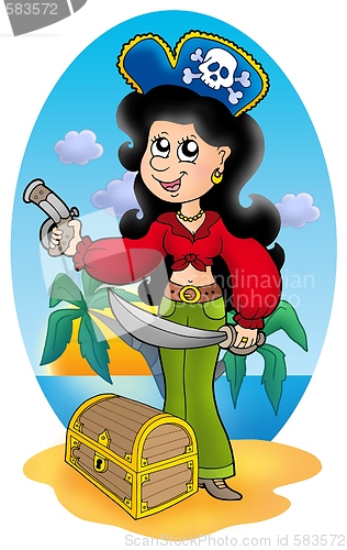 Image of Cute pirate girl with treasure chest