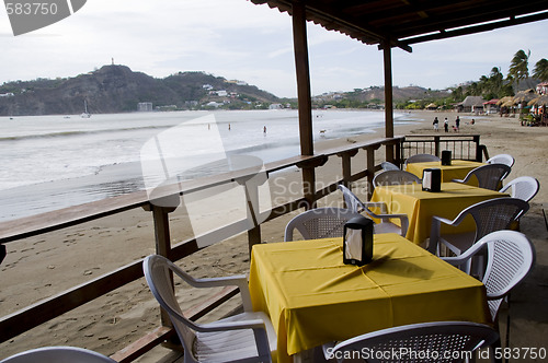 Image of ocean front beach thatched roof restaurant nicaragua