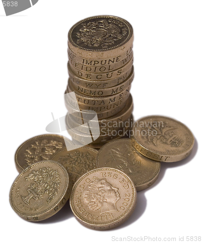 Image of Isolated pile of British one pound (sterling) coins showing Queen's head and various reverse designs and Latin inscriptions
