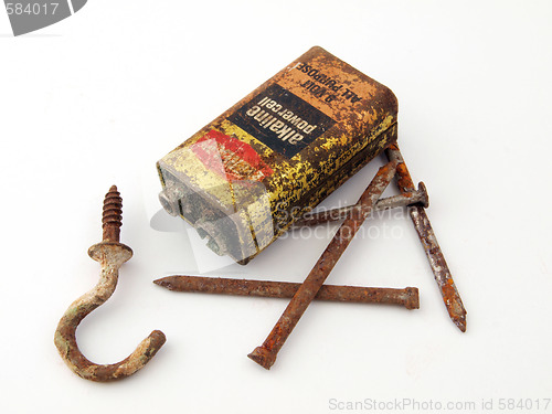 Image of Rusty battery and nails