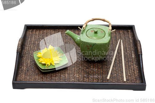 Image of Bamboo tray, green ceramic teapot