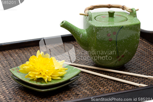 Image of Bamboo tray, green ceramic teapot