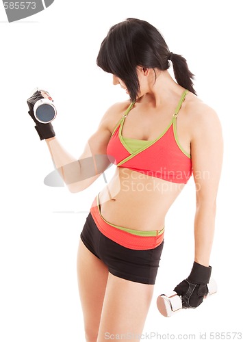 Image of muscular fitness instructor with dumbbells