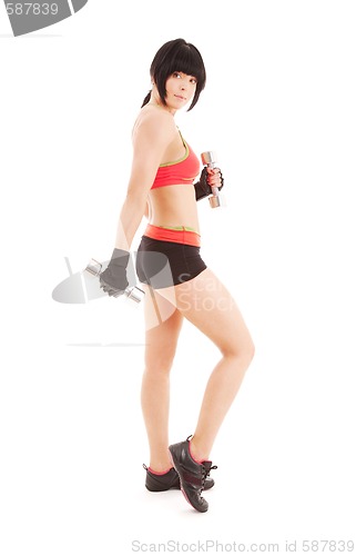 Image of muscular fitness instructor with dumbbells
