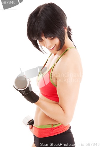 Image of muscular fitness instructor with dumbbells