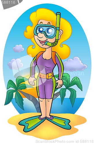 Image of Girl snorkel diver on beach